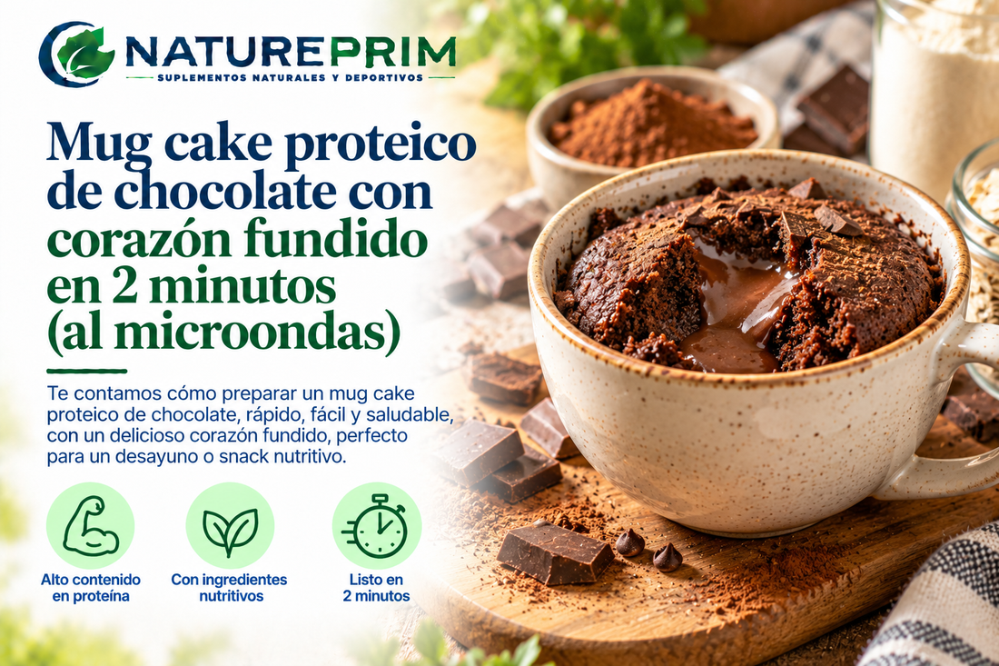Mug cake proteico de chocolate con corazón fundido en 2 minutos (al microondas)