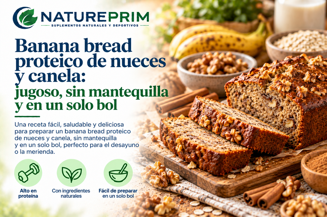 Banana bread proteico de nueces y canela: jugoso, sin mantequilla y en un solo bol