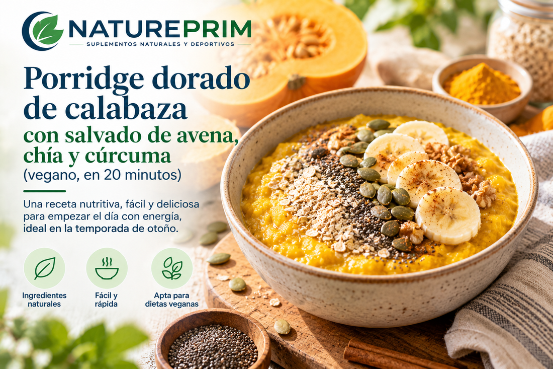 Porridge dorado de calabaza con salvado de avena, chía y cúrcuma (vegano, en 20 minutos)