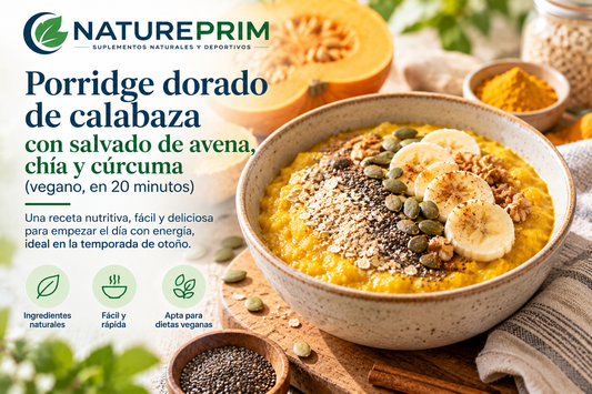 Porridge dorado de calabaza con salvado de avena, chía y cúrcuma (vegano, en 20 minutos)
