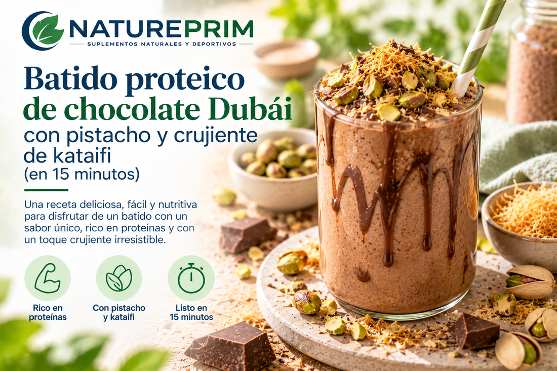 Batido proteico de chocolate Dubái con pistacho y crujiente de kataifi (en 15 minutos)