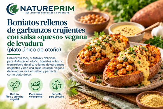 Boniatos rellenos de garbanzos crujientes con salsa «queso» vegana de levadura (plato único de otoño)