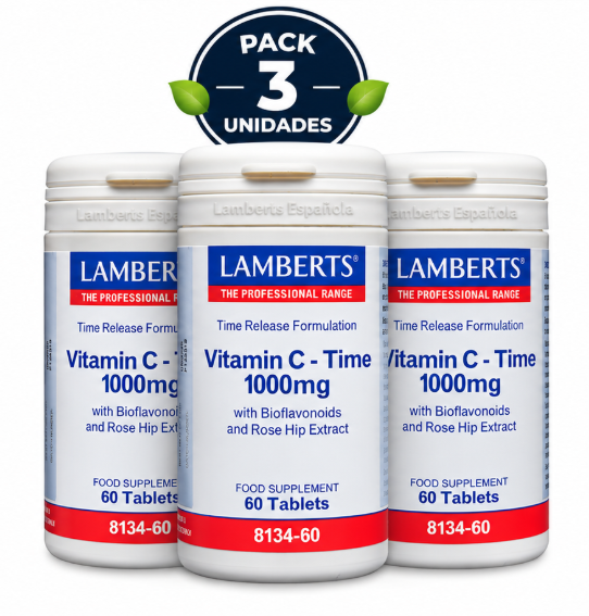 Pack 3 Vitamina C 1000 mg Liberación Sostenida Lamberts | Con Bioflavonoides y Escaramujo | Vegana | 60 Comprimidos