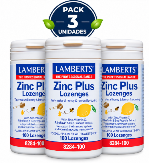 Pack 3 Zinc Plus Lamberts | Zinc, Vitamina C, Propóleo y Miel | Masticable Sabor Miel y Limón | 100 Comprimidos