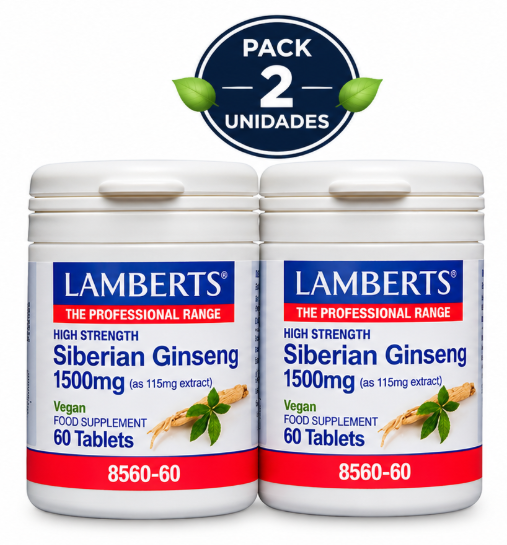 Pack 2 Ginseng Siberiano 1500mg Lamberts | Extracto de Raíz 13:1 Estandarizado en Eleuterósidos | Vegano | 60 Comprimidos