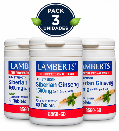 Pack 3 Ginseng Siberiano 1500mg Lamberts | Extracto de Raíz 13:1 Estandarizado en Eleuterósidos | Vegano | 60 Comprimidos