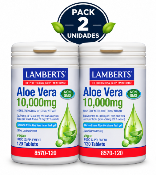 Pack 2 Aloe Vera 10.000mg Lamberts | Extracto 200:1 del Gel Interior | Vegano | 120 Comprimidos