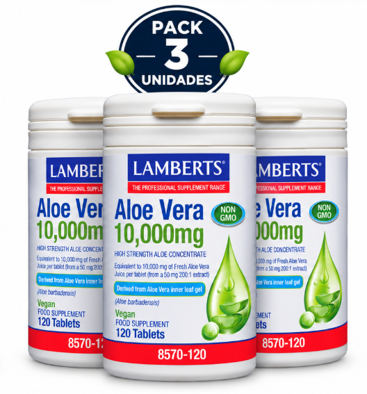 Pack 3 Aloe Vera 10.000mg Lamberts | Extracto 200:1 del Gel Interior | Vegano | 120 Comprimidos