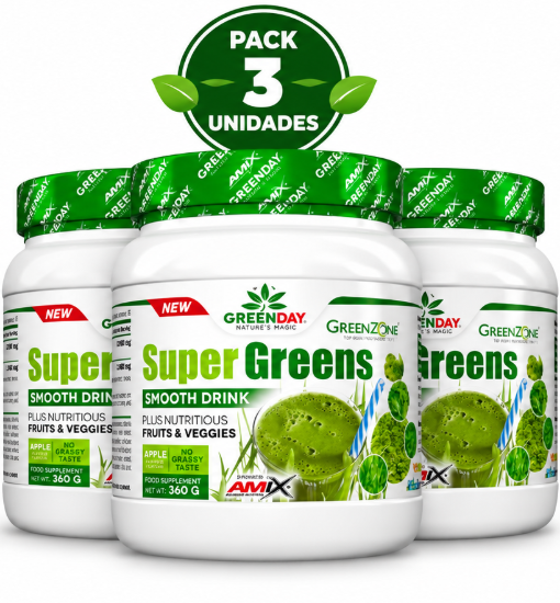 Pack 3 GreenDay Super Greens Smooth Drink Amix | Espirulina, Chlorella y Hierba de Trigo | Sabor Manzana | 360g