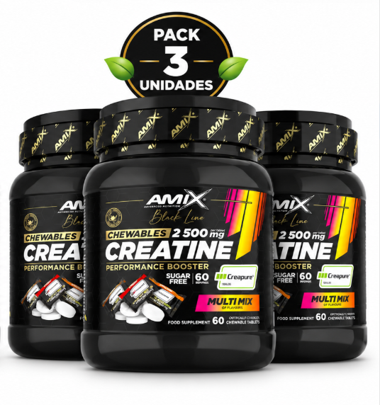 Pack 3 Creatine Chewables Black Line Amix | Creapure® 2.500mg | Sin Azúcares Añadidos | 60 Tabletas Masticables
