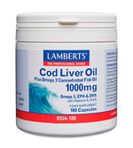 Aceite de Hígado de Bacalao Lamberts | 1000mg | Omega 3 (EPA+DHA) + Vitaminas A, D y E | 180 Cápsulas