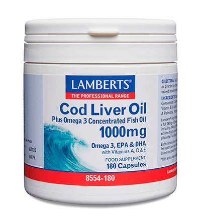 Aceite de Hígado de Bacalao Lamberts | 1000mg | Omega 3 (EPA+DHA) + Vitaminas A, D y E | 180 Cápsulas
