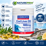 Aceite de Hígado de Bacalao Lamberts | 1000mg | Omega 3 (EPA+DHA) + Vitaminas A, D y E | 180 Cápsulas