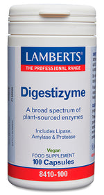 Digestizyme Lamberts 100 cápsulas — complejo de enzimas digestivas de origen vegetal con lipasa, amilasa y proteasa, vegano