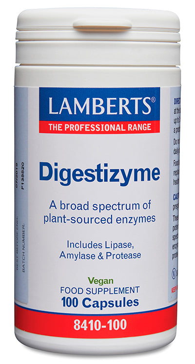 Digestizyme Lamberts 100 cápsulas — complejo de enzimas digestivas de origen vegetal con lipasa, amilasa y proteasa, vegano