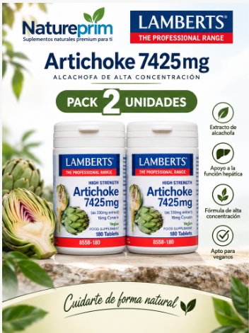 Pack 2 Alcachofa 7425 mg Alta Potencia Lamberts | 330 mg Extracto + 16 mg Cinarina | Vegano | 180 Comprimidos