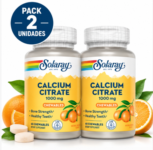 Pack 2 Calcium Citrate 1000mg Solaray | Masticable Sabor Naranja | Sin Azúcar | 60 Comprimidos