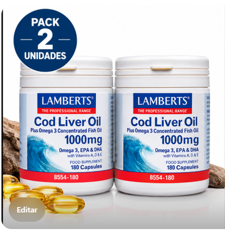 Pack 2 Aceite de Hígado de Bacalao Lamberts | 1000mg | Omega 3 (EPA+DHA) + Vitaminas A, D y E | 180 Cápsulas