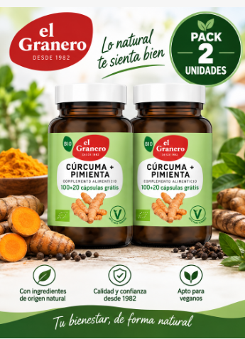 Pack 2 Cúrcuma + Pimienta BIO El Granero Integral | Cápsulas 440 mg | 100+20 Cápsulas