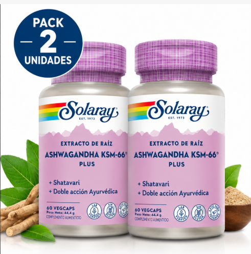 Pack 2 KSM-66 Plus Ashwagandha Solaray | Extracto Patentado + Shatavari + Fenogreco | Vegano | 60 Cápsulas