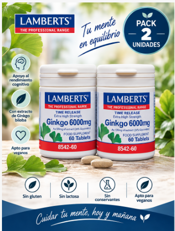 Pack 2 Ginkgo Biloba 6000mg Lamberts | Extracto 120mg 24% Glucósidos | Vegano | 60 Comprimidos
