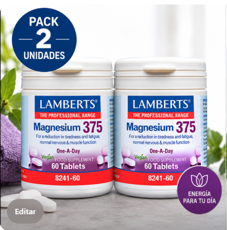 Pack 2 Magnesio 375mg Lamberts | Fórmula Una al Día | 100% VRN | Vegano | 60 Comprimidos