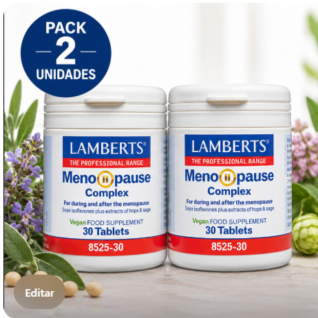 Pack 2 Meno Pause Complex Lamberts | Lúpulo (Lifenol®), Isoflavonas de Soja y Salvia | Vegano | 30 Comprimidos