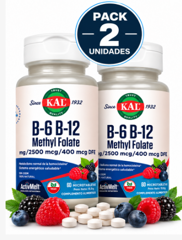 Pack 2 B6/B12 Methyl Folate (Homocystein) KAL| Formas Activas Metiladas | 60 Comprimidos Sublinguales