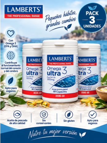 Pack 3 Omega 3 Ultra 1300mg Lamberts | Aceite de Pescado Puro | EPA+DHA | 60 Cápsulas