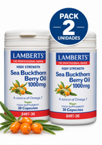 Pack 2 Aceite de Espino Amarillo 1000 mg Alta Potencia Lamberts | Omega 7 Puro | Vegano | 30 Cápsulas