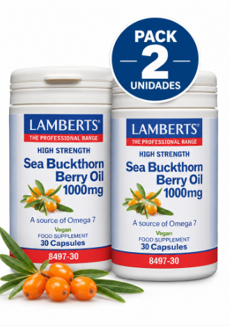 Pack 2 Aceite de Espino Amarillo 1000 mg Alta Potencia Lamberts | Omega 7 Puro | Vegano | 30 Cápsulas