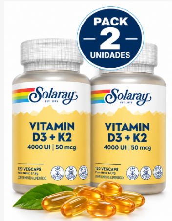 Pack 2 Vitamina D3 4000 UI + K2 MK-7 50 mcg Solaray | 120 Cápsulas Vegetales