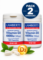Pack 2 Vitamina D3 4000 UI (100 µg) Máxima Potencia Lamberts | 120 Cápsulas