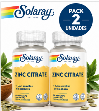 Pack 2 Zinc Citrato 25 mg + Semilla de Calabaza Solaray | 60 Cápsulas