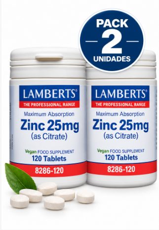 Pack 2 Zinc 25mg Citrato Lamberts | Máxima Absorción | Vegano | 120 Comprimidos