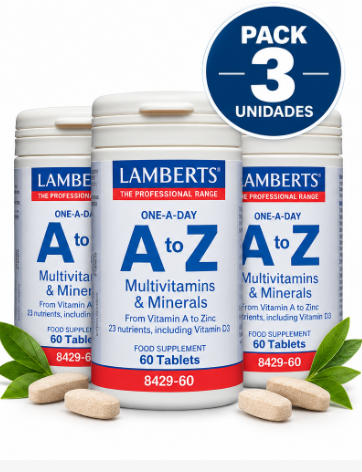 Pack 3 A to Z Multivitaminas y Minerales Lamberts | 23 Nutrientes + D3 | Una al Día | 60 Comprimidos