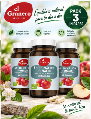 Pack 3 Ácido Málico Pomalic El Granero Integral | 60 Cápsulas 650 mg
