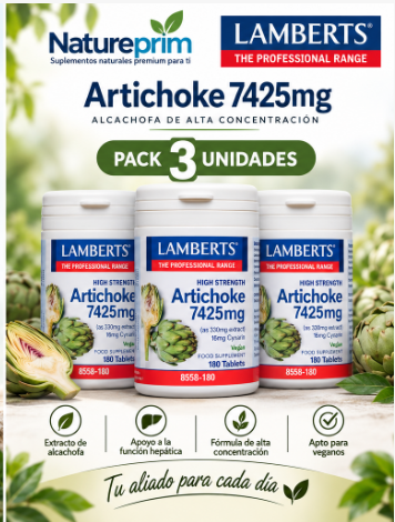 Pack 3 Alcachofa 7425 mg Alta Potencia Lamberts | 330 mg Extracto + 16 mg Cinarina | Vegano | 180 Comprimidos