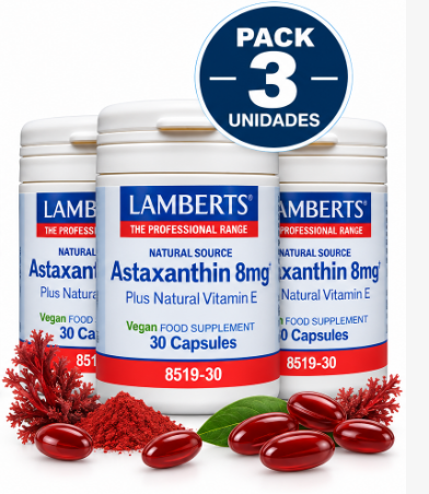 Pack 3 Astaxantina 8 mg de Origen Natural + Vitamina E Lamberts | Vegano | 30 Cápsulas