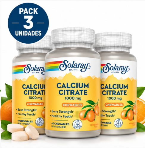 Pack 3 Calcium Citrate 1000mg Solaray | Masticable Sabor Naranja | Sin Azúcar | 60 Comprimidos