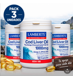 Pack 3 Aceite de Hígado de Bacalao Lamberts | 1000mg | Omega 3 (EPA+DHA) + Vitaminas A, D y E | 180 Cápsulas