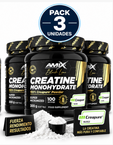 Pack 3 Creatina Monohidrato Creapure® 300g - Amix Black Line | Súper Micronizada 100 Dosis