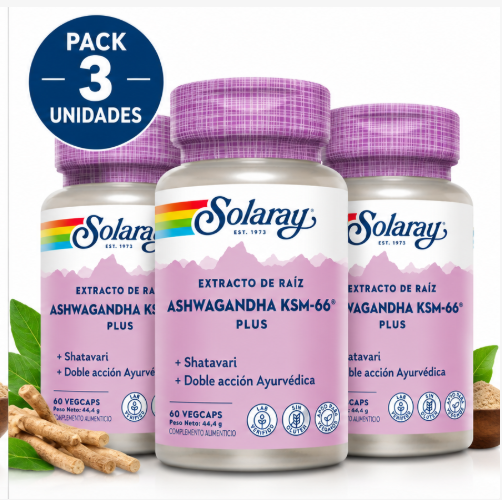 Pack 3 KSM-66 Plus Ashwagandha Solaray | Extracto Patentado + Shatavari + Fenogreco | Vegano | 60 Cápsulas