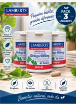 Pack 3 Ginkgo Biloba 6000mg Lamberts | Extracto 120mg 24% Glucósidos | Vegano | 60 Comprimidos