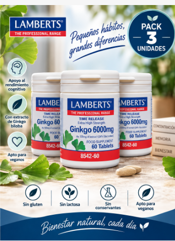 Pack 3 Ginkgo Biloba 6000mg Lamberts | Extracto 120mg 24% Glucósidos | Vegano | 60 Comprimidos