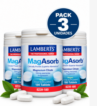Pack 3 MagAsorb® Citrato de Magnesio 150mg Lamberts | Alta Absorción | Vegano | 180 Comprimidos