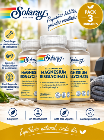 Pack 3 Magnesio Bisglicinato Solaray 262,5 mg | 70% VRN con BioPerine® | 120 Cápsulas Vegetales