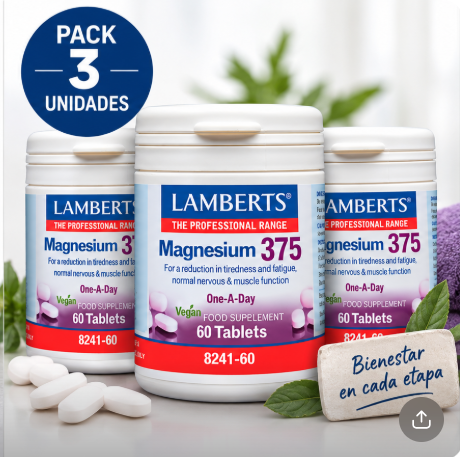 Pack 3 Magnesio 375mg Lamberts | Fórmula Una al Día | 100% VRN | Vegano | 60 Comprimidos