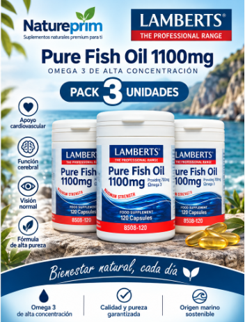 Pack 3 Aceite de Pescado Puro 1100 mg Alta Concentración Lamberts | 700 mg Omega 3 EPA+DHA por Cápsula | 120 Cápsulas