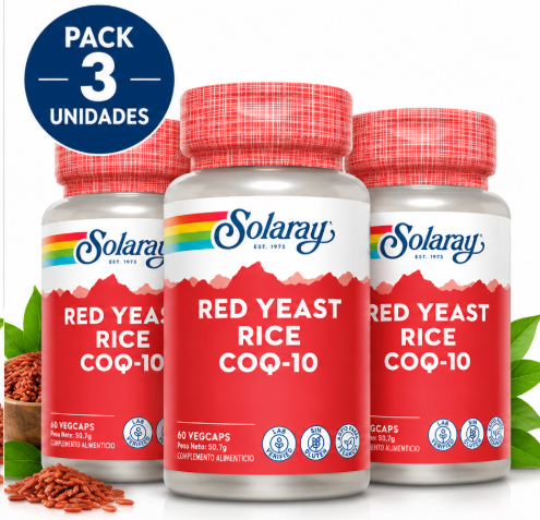 Pack 3 Plus Red Rice & Q10 Solaray | Levadura Roja de Arroz + Niacina + Coenzima Q10 | 60 Cápsulas